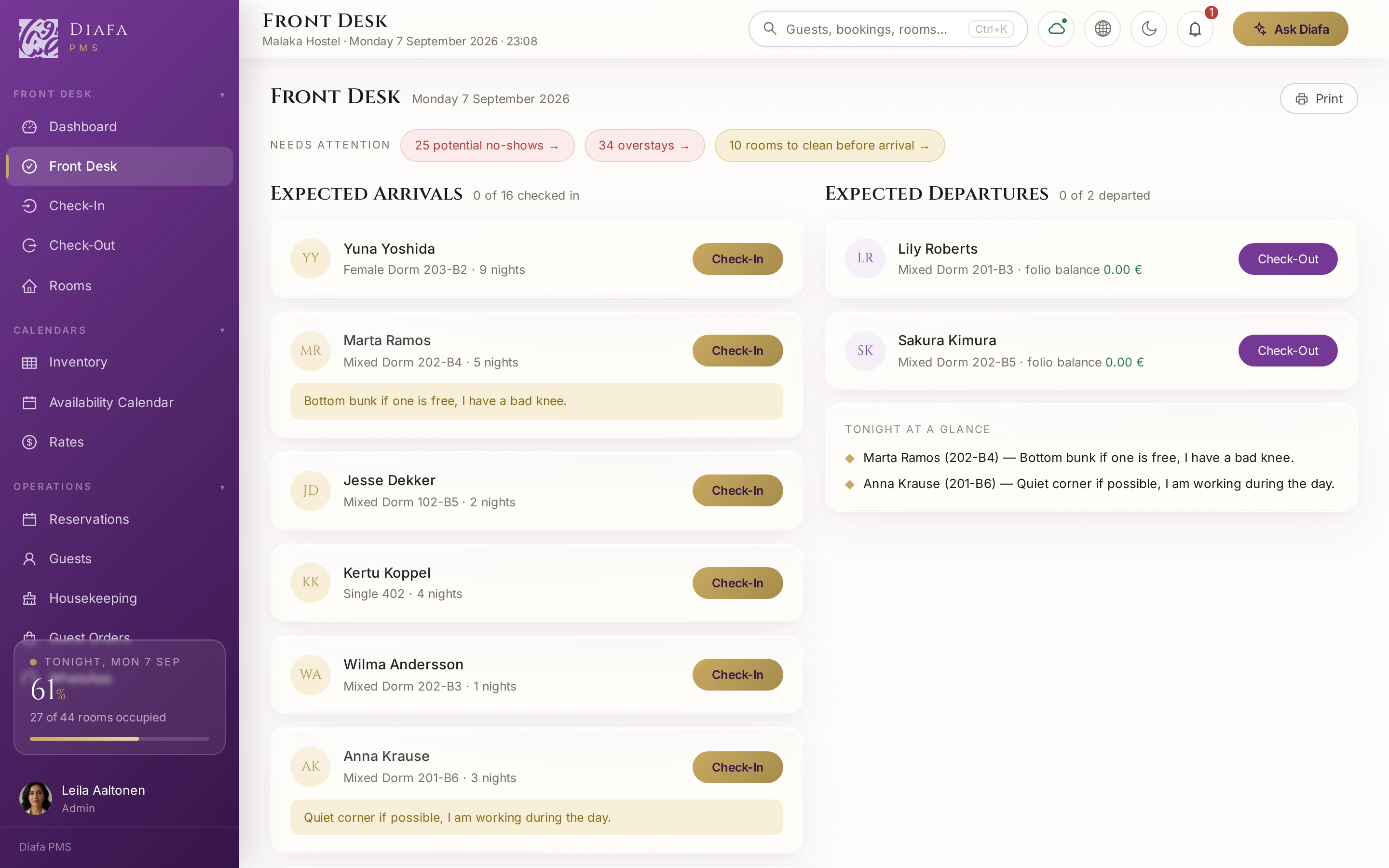 Front Desk Dashboard